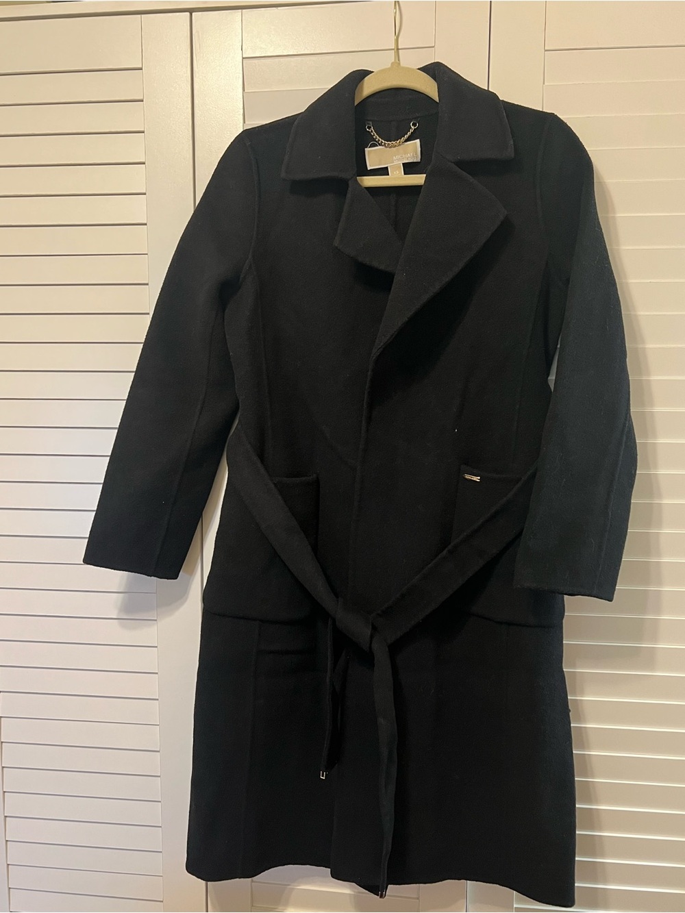 Michael Kors Black Wool-Blend Belted Coat Gold Chain XS